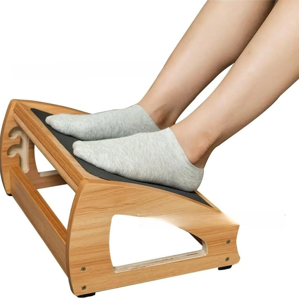 Wooden bamboo office desk footstool with minimalist design in natural wood colour.