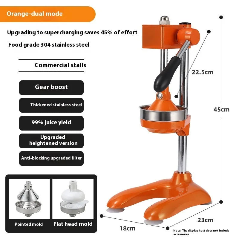 Vertical stainless steel manual citrus juicer shown in multiple colour and tip head options.