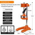 Vertical stainless steel manual citrus juicer shown in multiple colour and tip head options.