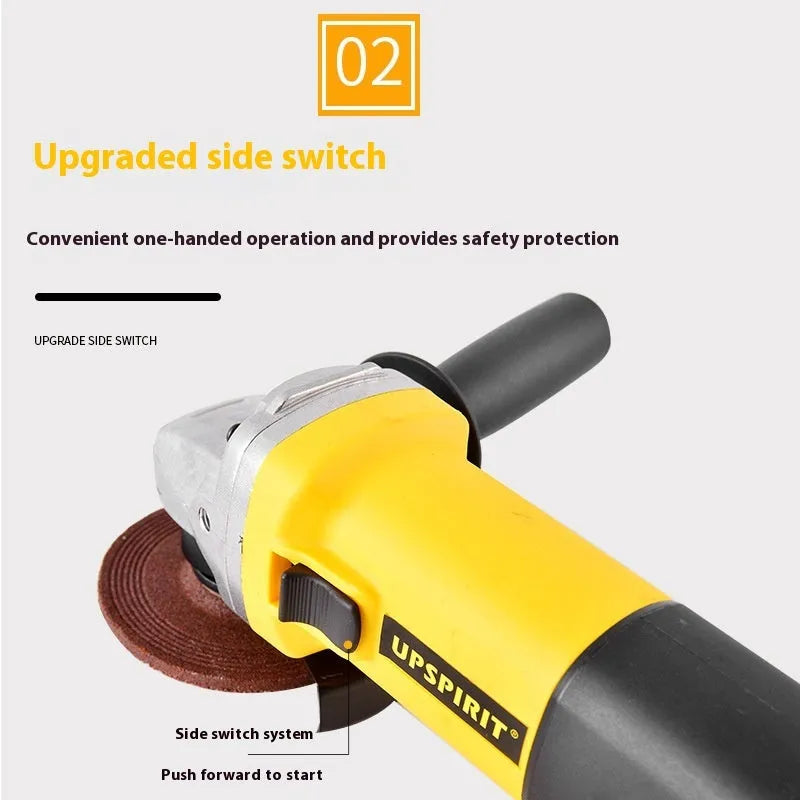 125mm household angle grinder with 1050W motor, side handle, and grinding disc