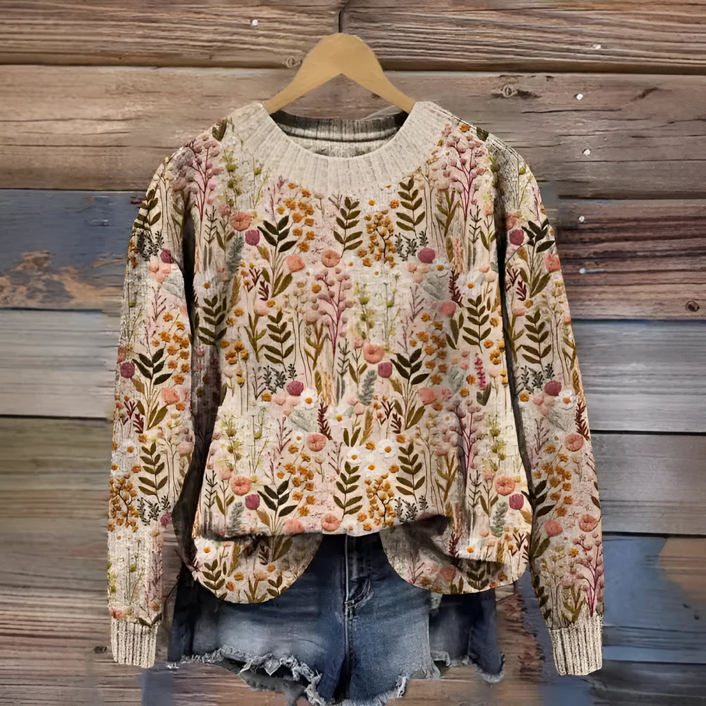 Women's little flower digital printed round neck polyester sweater in floral pattern