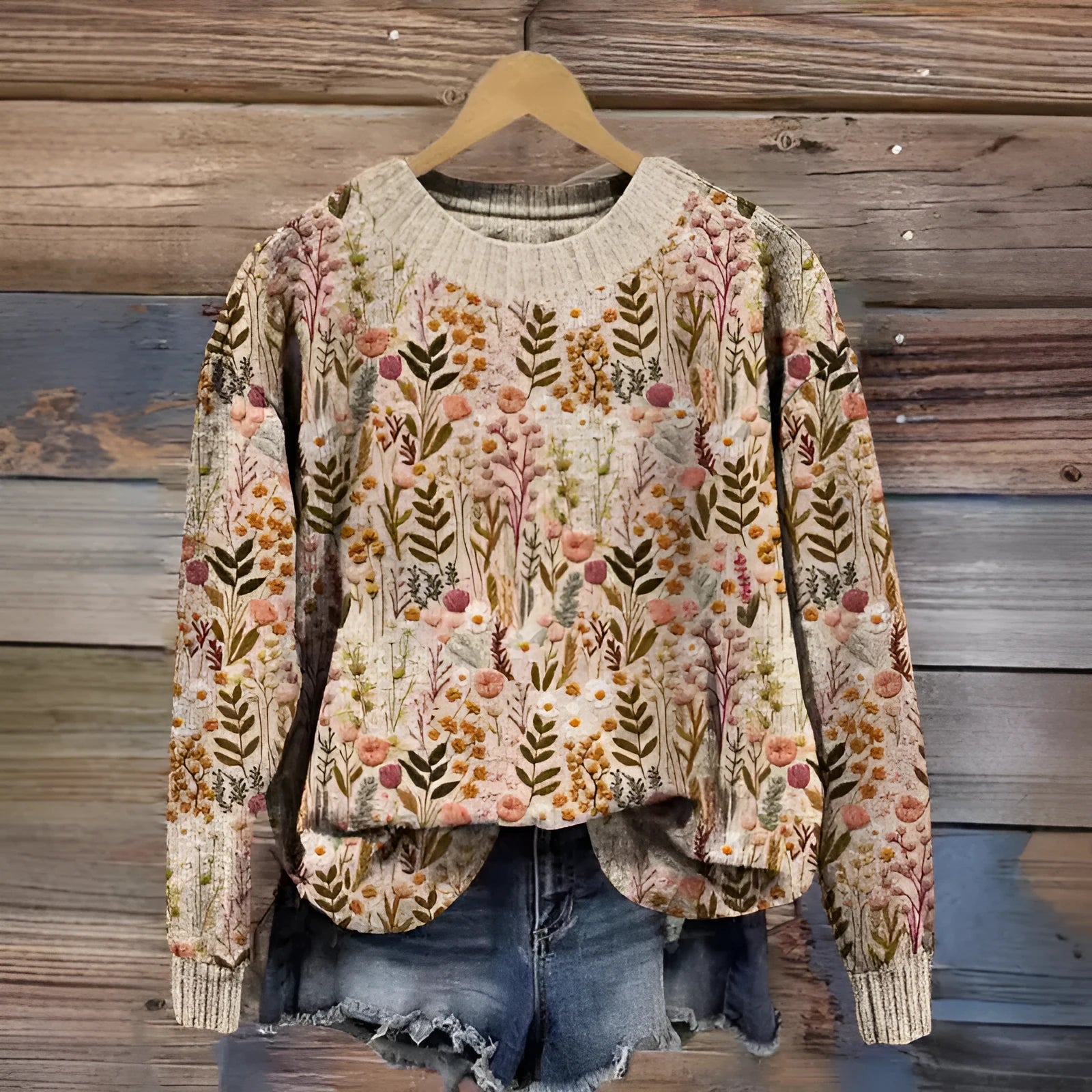 Women's little flower digital printed round neck polyester sweater in floral pattern
