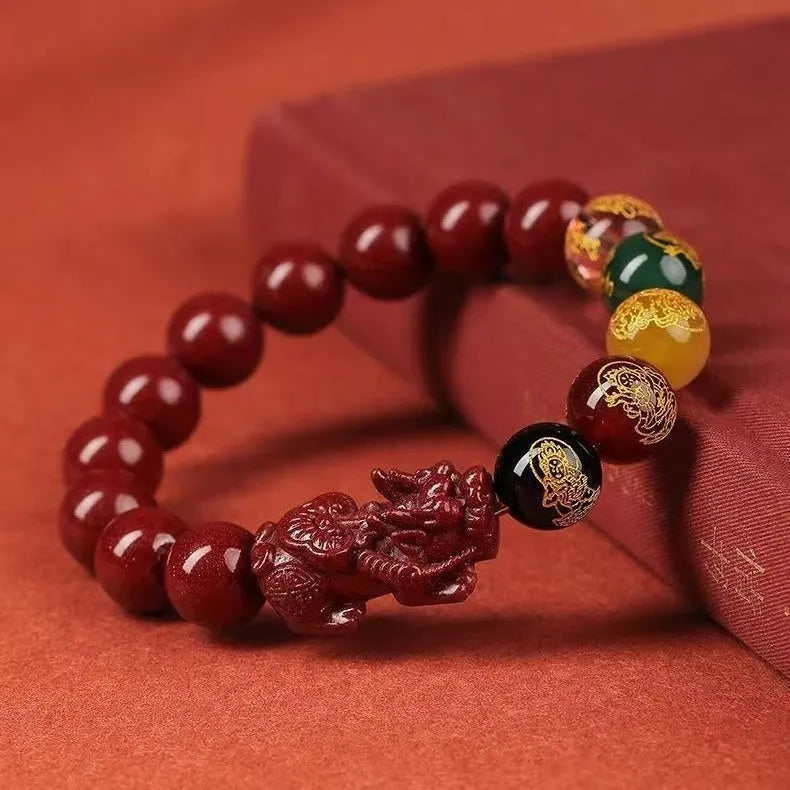 Five Gods of Wealth cinnabar bracelet with natural stone beads and animal carvings
