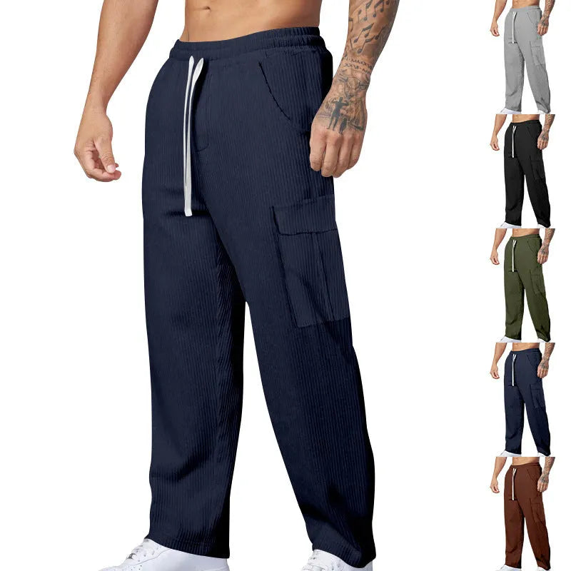 Men's straight-leg corduroy cargo trousers in navy blue with drawstring waist