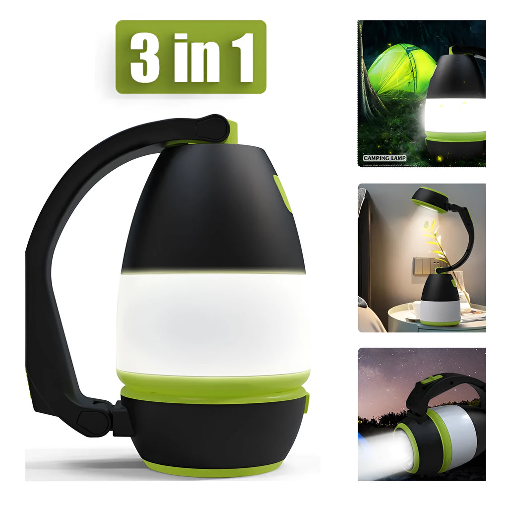 Black green 3-in-1 multifunctional LED table lamp with foldable design for camping and emergency use