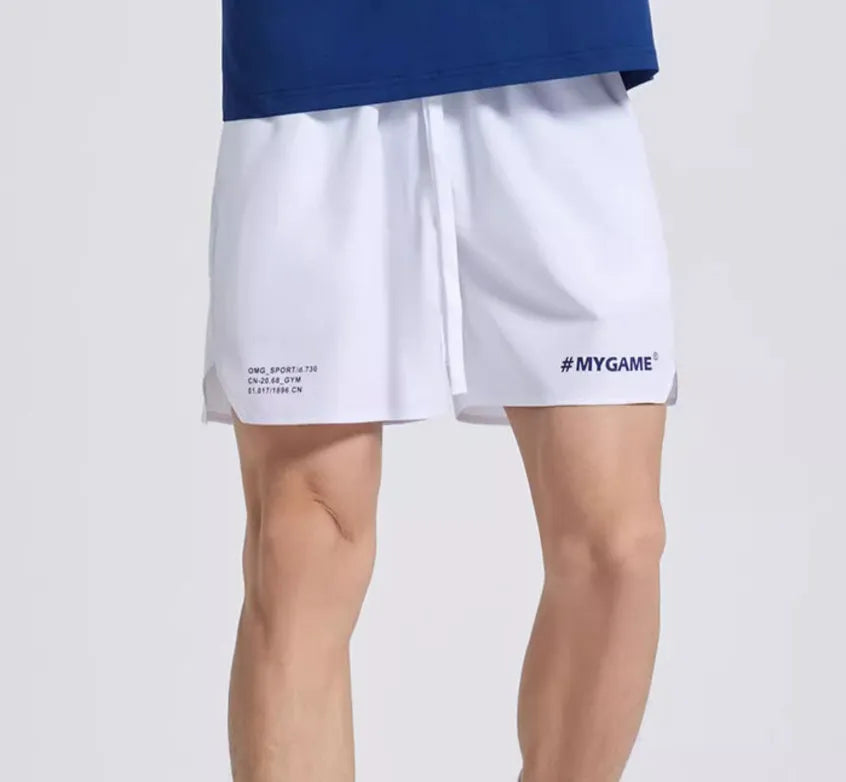 Men's training fitness shorts in blue, black, grey, or white with moisture-wicking fabric.