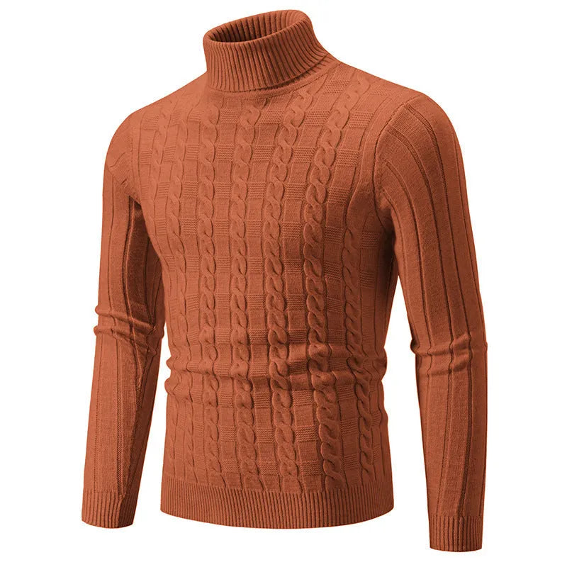 Men's slim twist turtleneck pullover sweater in chenille fabric showing colour options