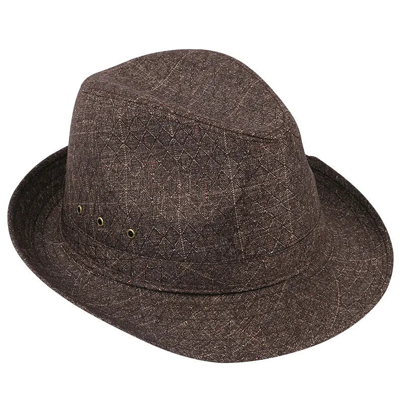 Classic brown suit material fedora hat for men on a grey background.