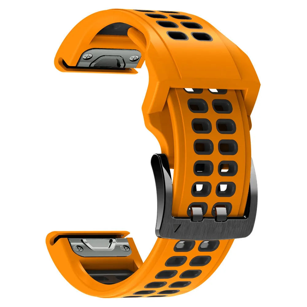 Two-tone quick release silicone watch strap on a pin buckle, shown in an army green and black colour combination.