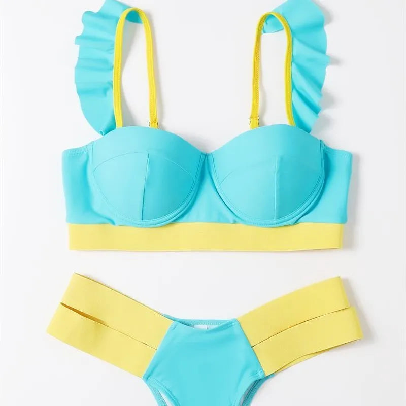 Women's bikini swimsuit with steel push-up board in nylon fabric, showing colour options