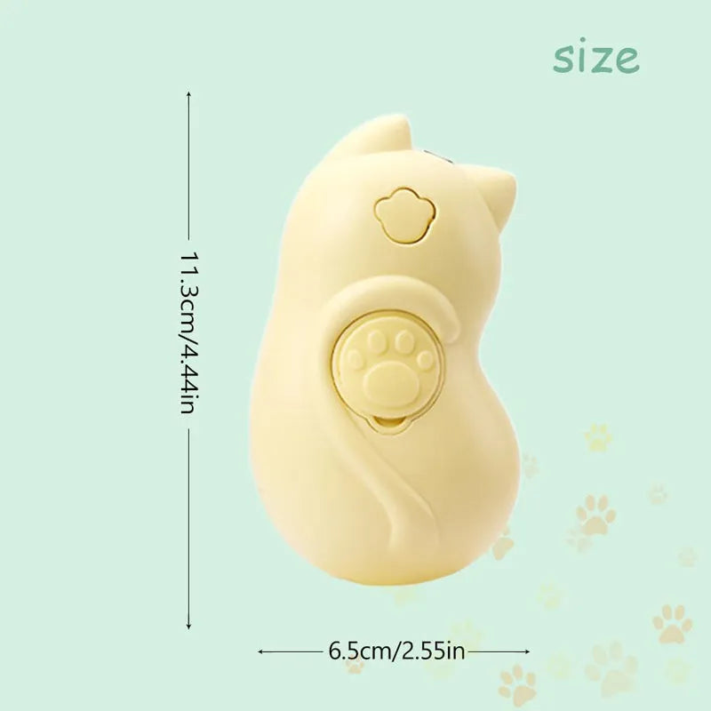 Cat and dog shaped steamy grooming brush with a medium-sized handle on a white background.