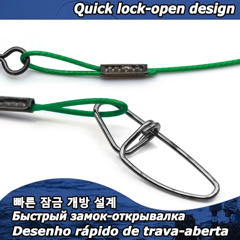 Set of 10 steel wire fishing leaders with double buckle pins in green, black, and red.