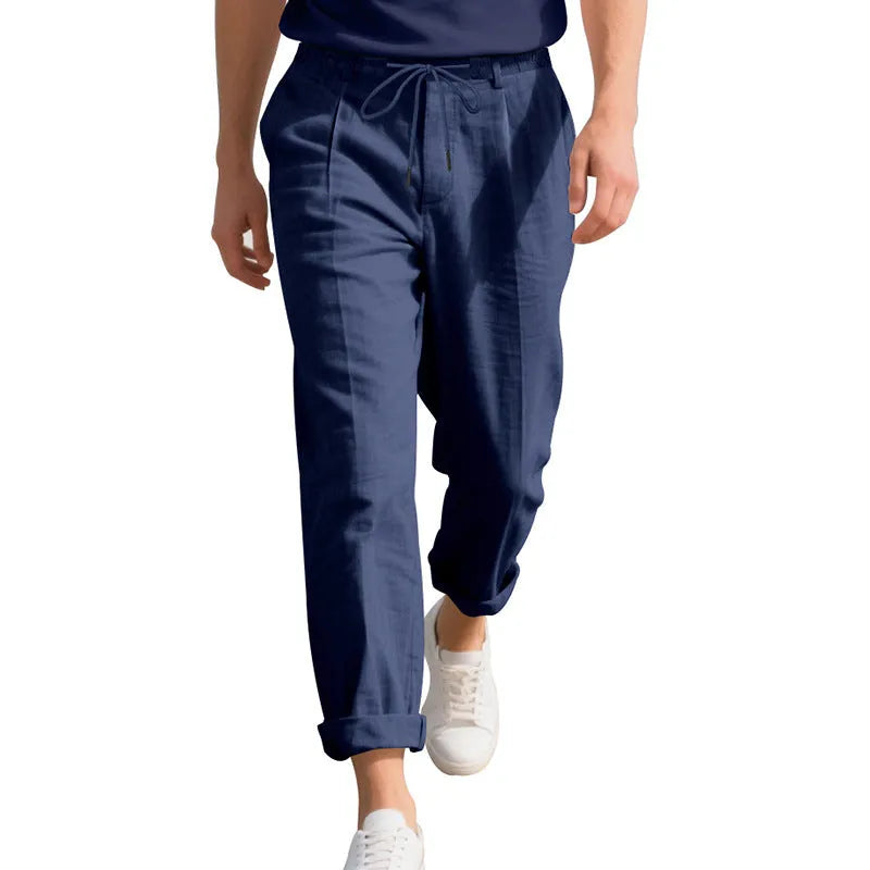 Men's casual linen trousers in loose straight-leg style with drawstring waist