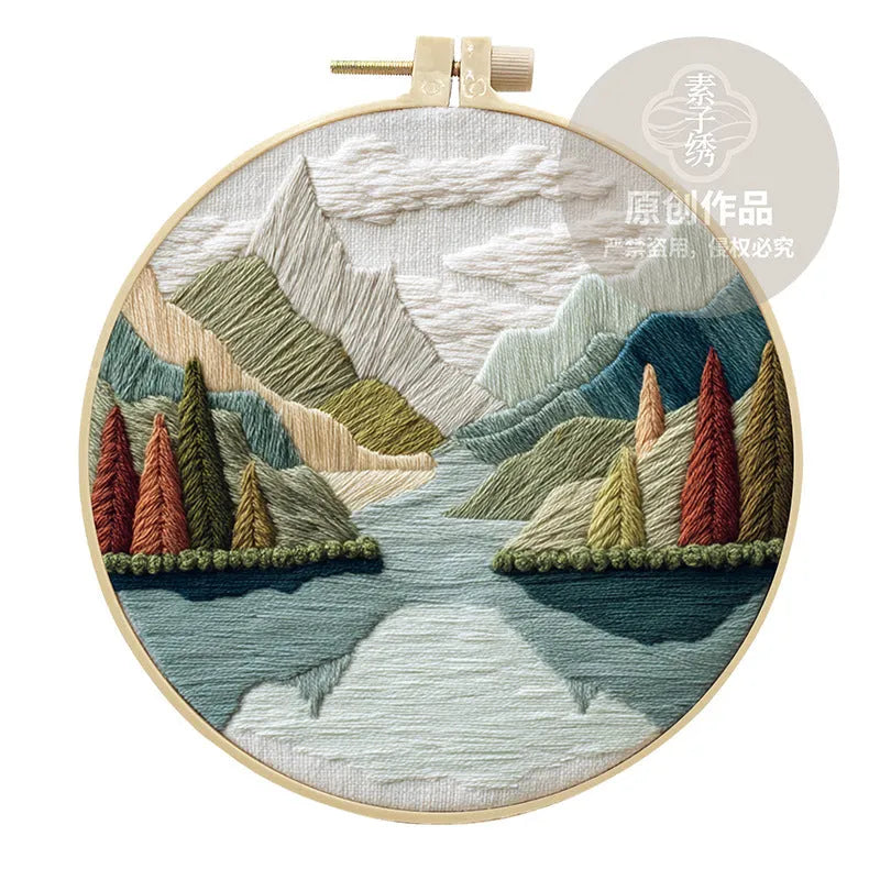 Landscape embroidery DIY kit with printed cotton fabric, bamboo frame, embroidery thread and needles