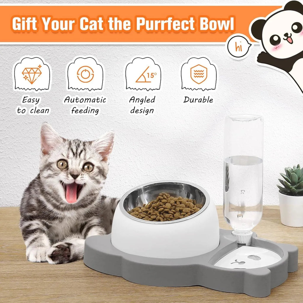 Grey automatic water dispenser and tilted raised stainless steel bowl pet feeder set.