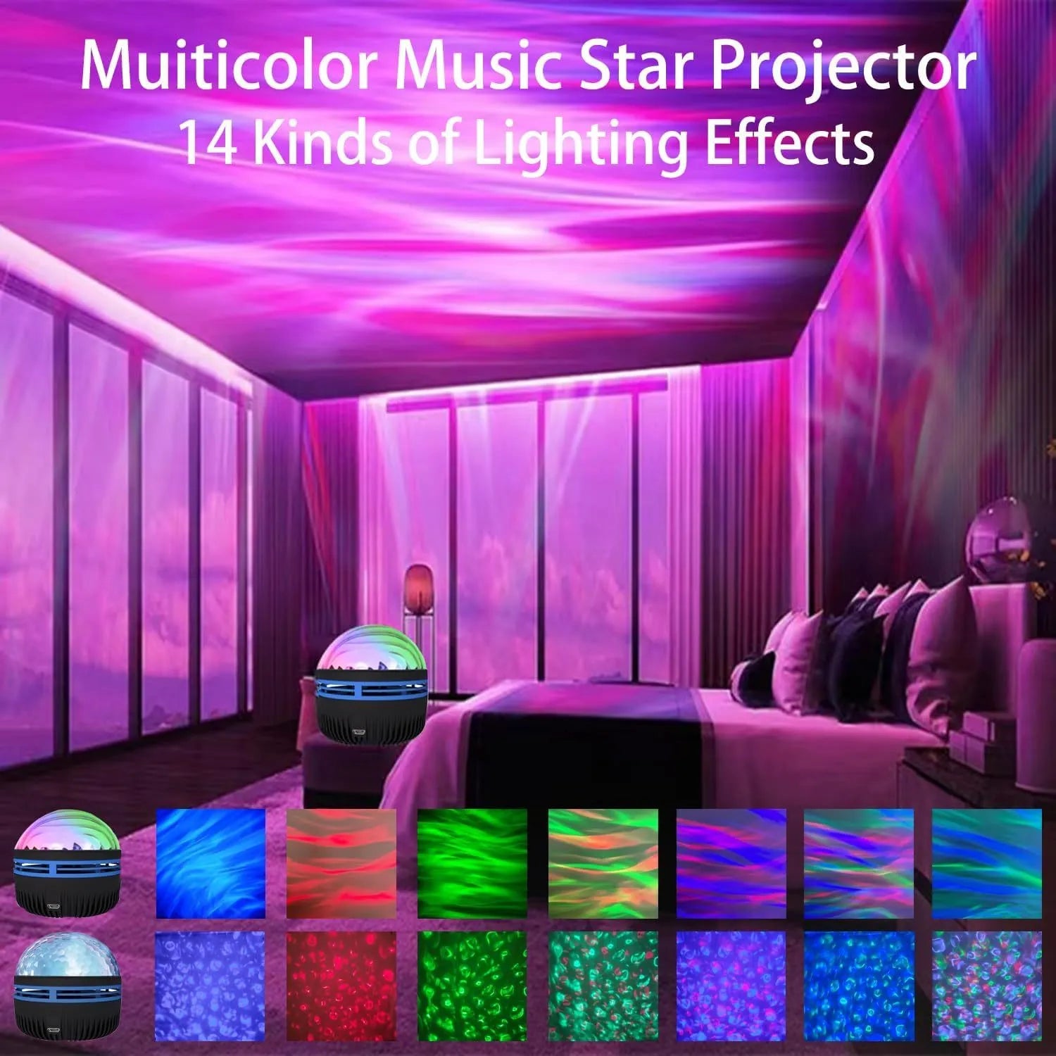 LED galaxy projector lamp with rotating star patterns and USB power cable