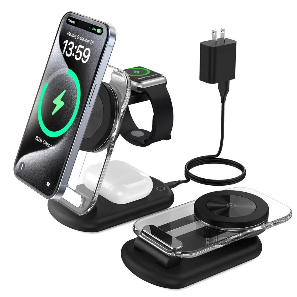 Transparent foldable magnetic wireless charger showing internal components with QC3.0 fast charging