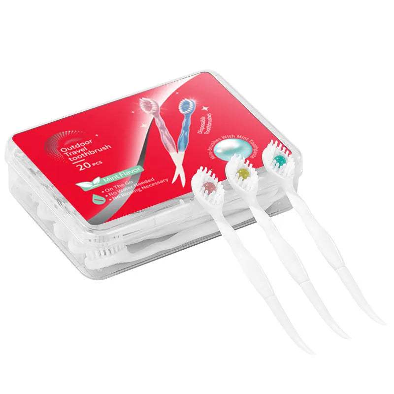 Box containing 20 individual disposable bead toothbrushes with built-in toothpaste for travel.