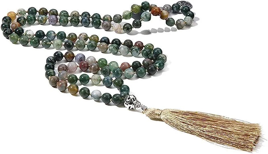 Handmade long beaded necklace with 108 natural stone pendants on a knotted cord.