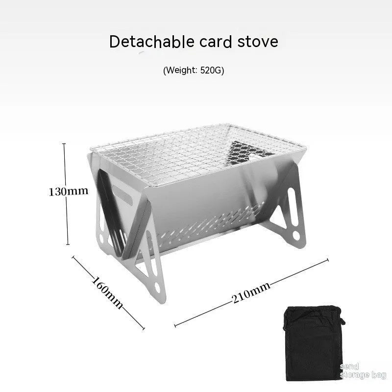 Folding stainless steel outdoor barbecue oven with grill rack and storage bag.