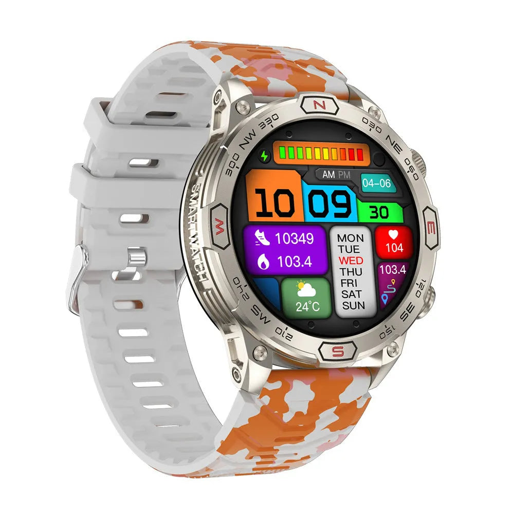 Sports smartwatch with AMOLED display on wrist showing fitness tracking data