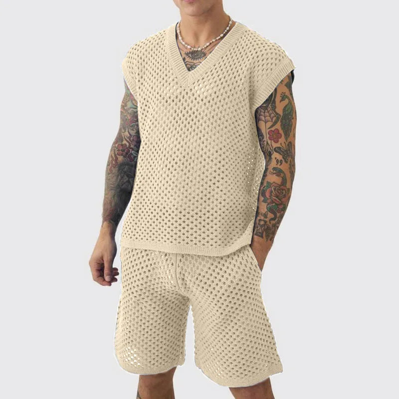 Men's blue cotton polyester vest shorts set for sports with v-neck sleeveless top