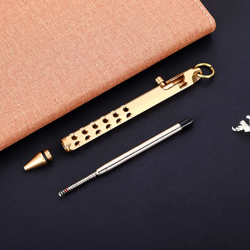Brass hexagonal bolt rollerball pen with 0.5mm tip showing six-sided barrel design