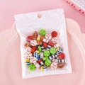 50 small cartoon fruit and animal themed rubber erasers in a pearlescent bag.