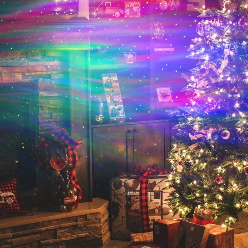 White ABS star projector lamp showing aurora borealis and star projection on a dark ceiling with remote control