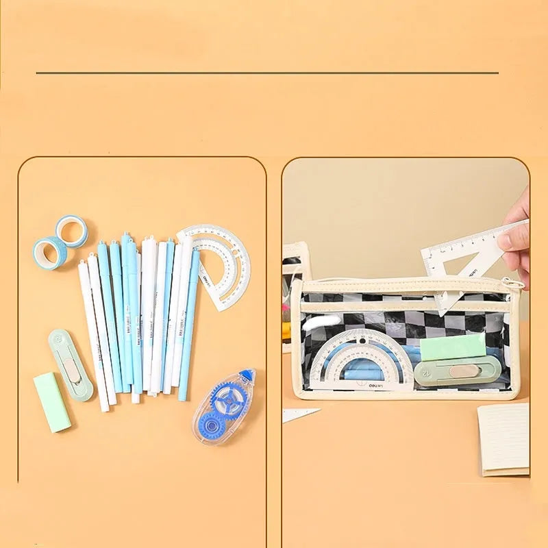 Transparent PVC pencil case with chessboard grid pattern showing pens inside