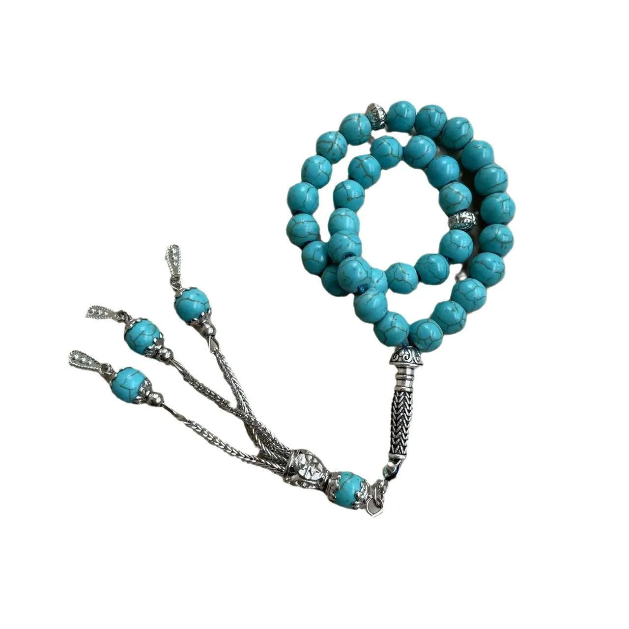 Handmade Muslim daily worship bracelet with 8mm sky blue stone beads on wrist