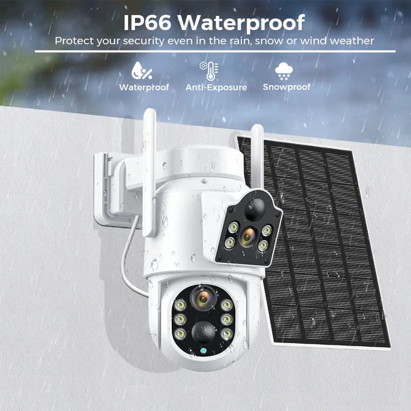 White outdoor solar-powered wireless wifi security camera with attached solar panel on a wall.