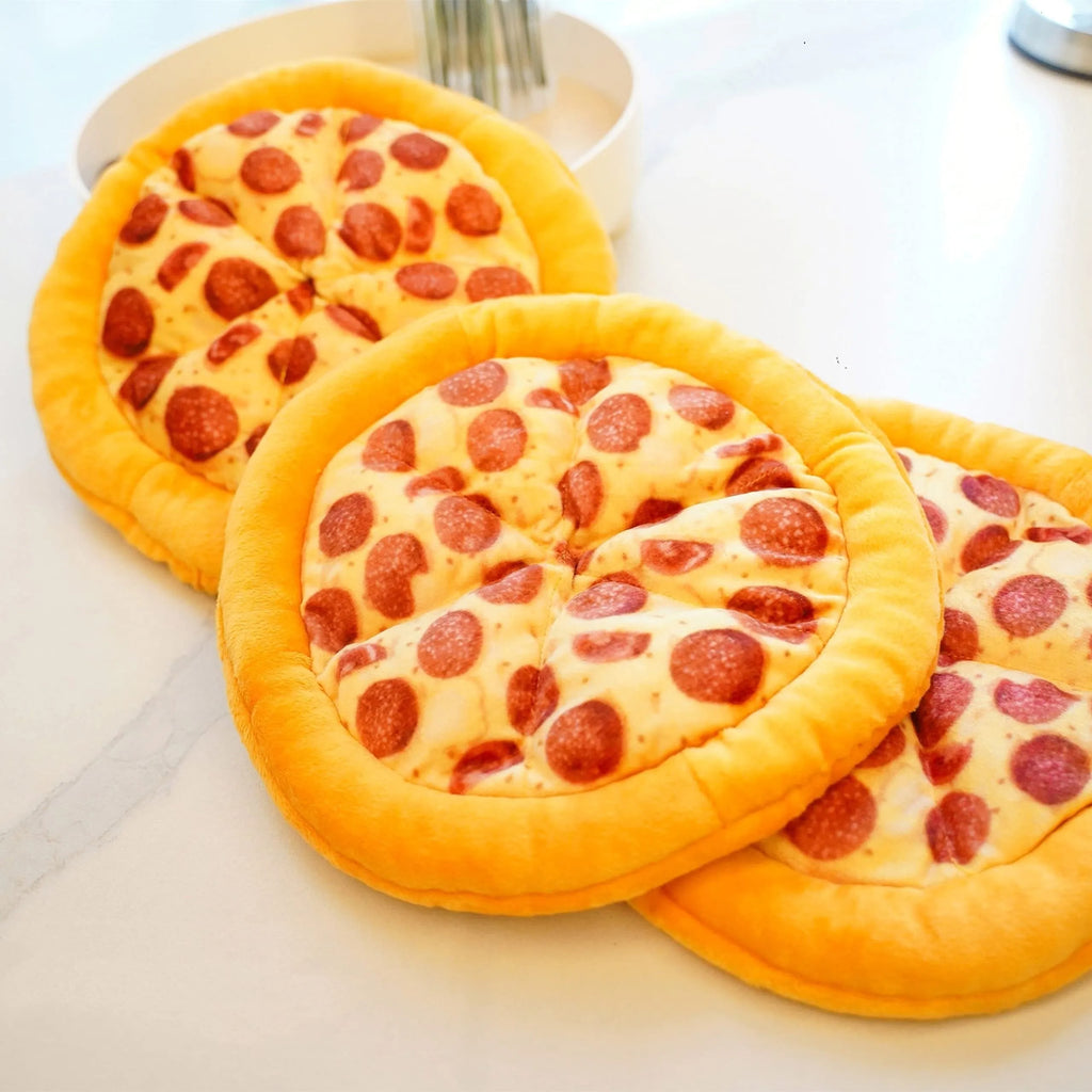 Yellow pizza slice teddy dog chewing toy with squeaker for medium-sized dogs