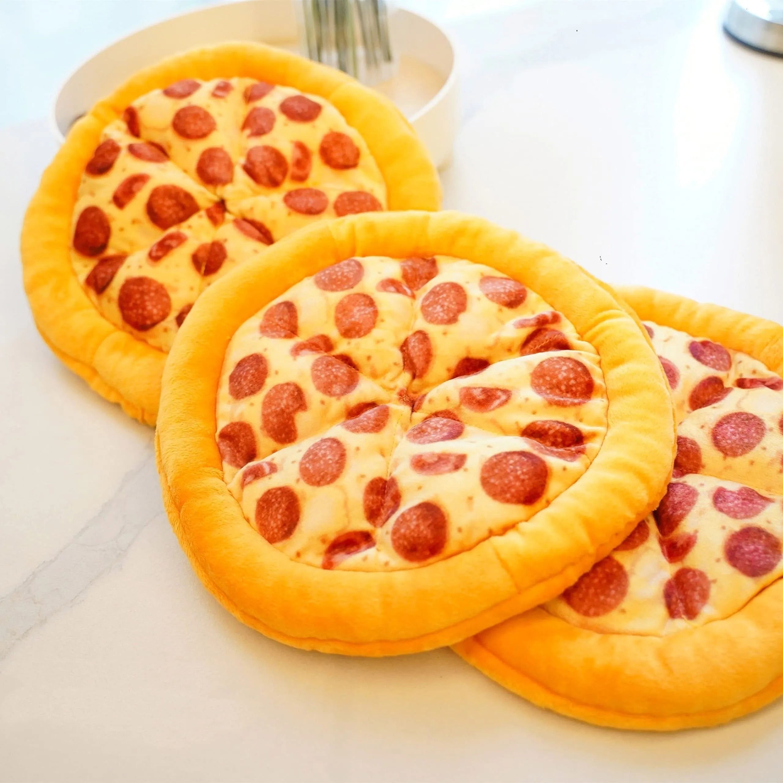 Yellow pizza slice teddy dog chewing toy with squeaker for medium-sized dogs