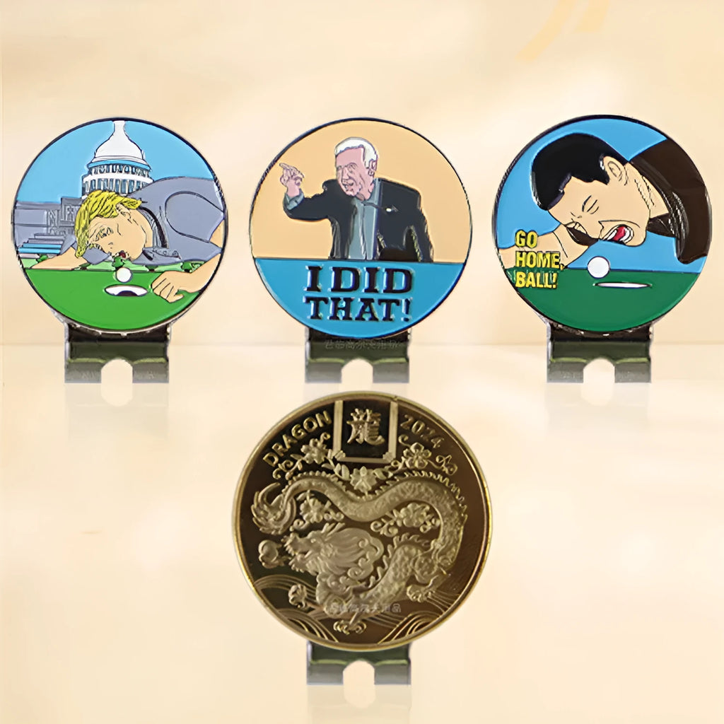 Zinc alloy golf hat clip with engraved design options including Dragon Year and ace lick ball patterns.
