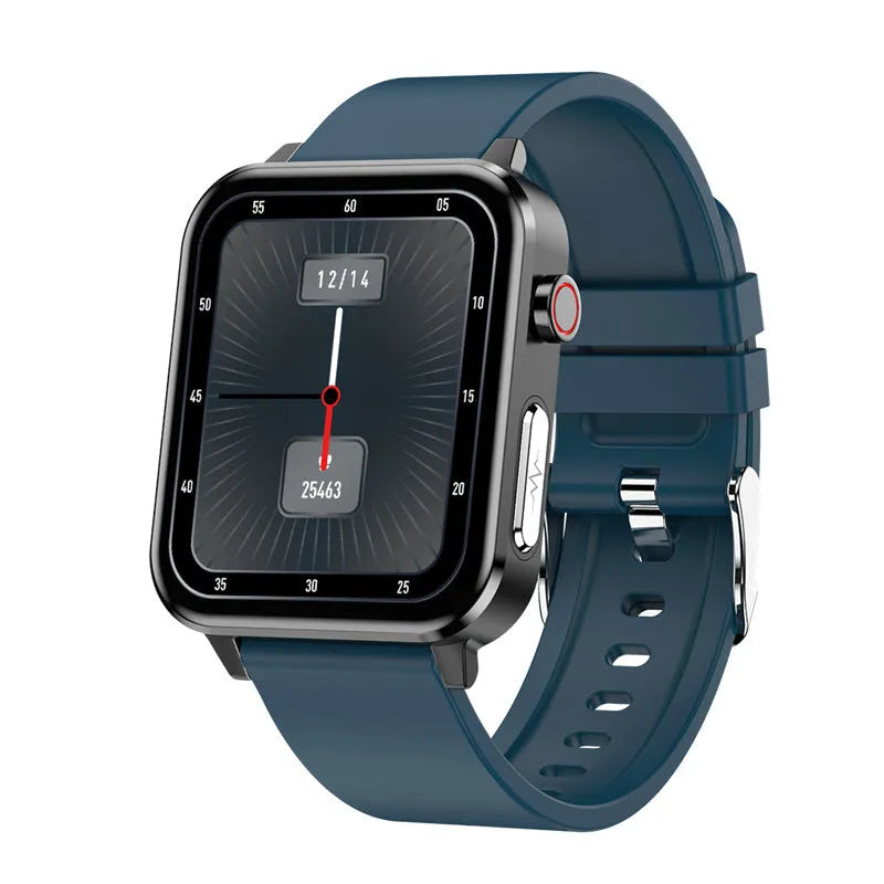 Heart Rate ECG Bluetooth Sports Bracelet with 1.3 inch TFT screen and black leather band on wrist