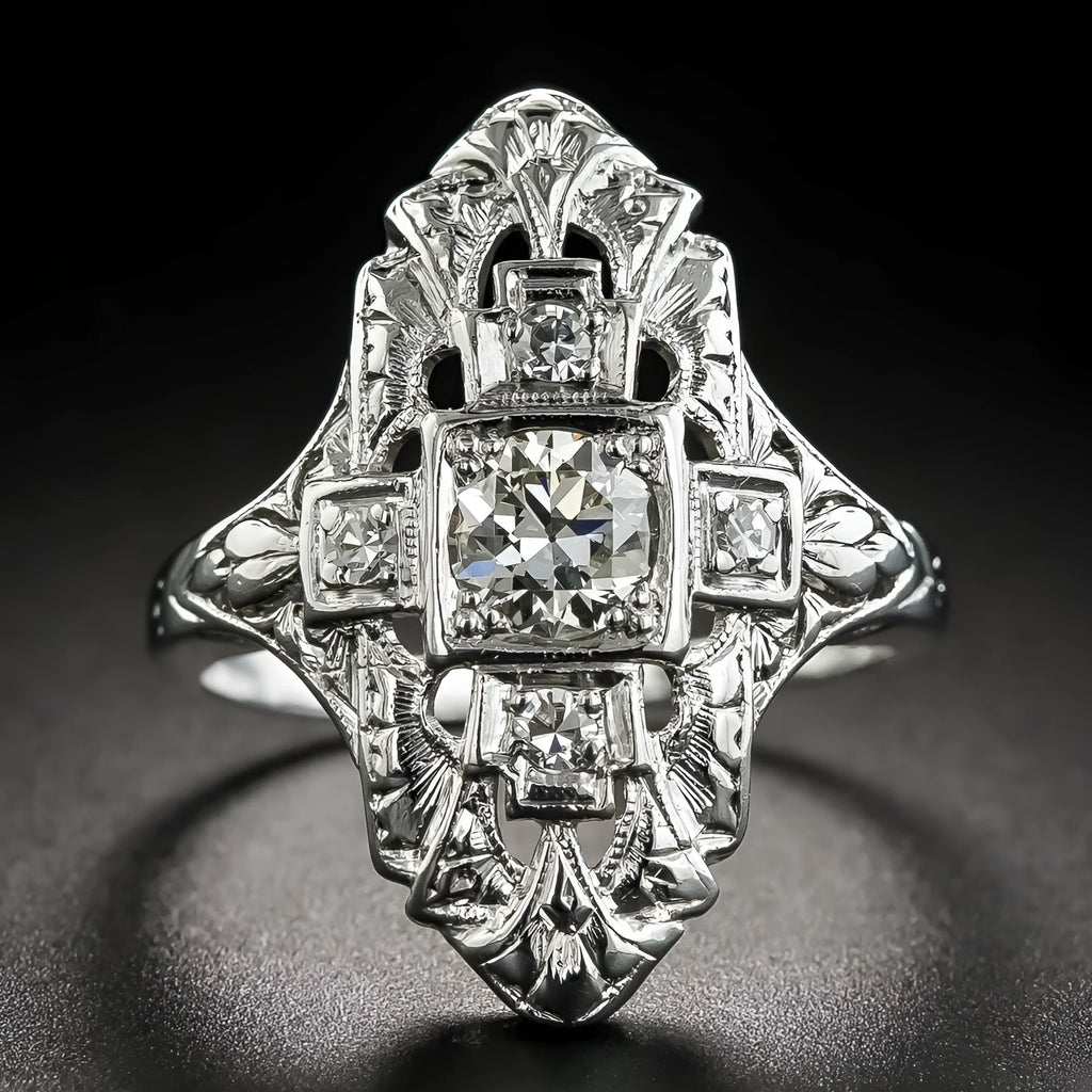 Silver geometric hollow-out ring with diamond studs on copper electroplated band
