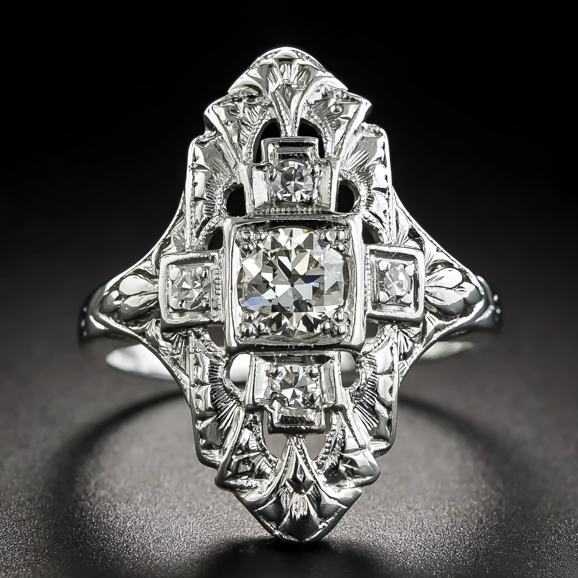 Silver geometric hollow-out ring with diamond studs on copper electroplated band