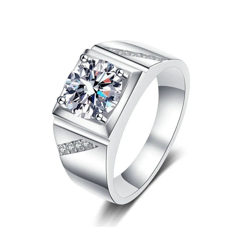 Men's adjustable square ring with large cubic zirconia stone in gold tone and platinum tone finishes.