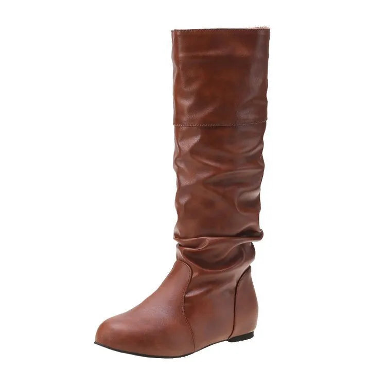 Women's black flat-heel slip-on long boots with a round toe and high cylinder shaft.