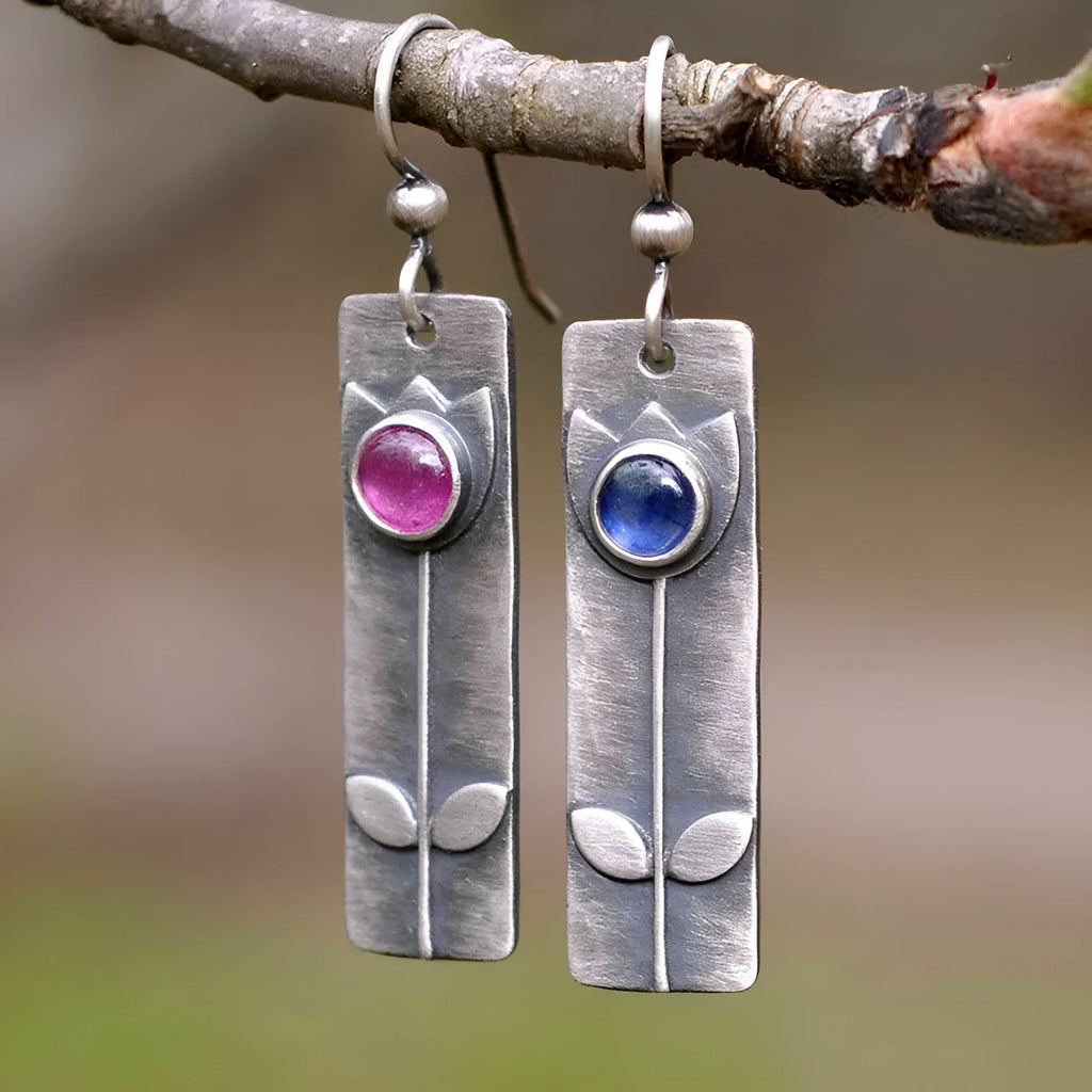 Antique finish geometric earrings with red sapphire stones on electroplated metal