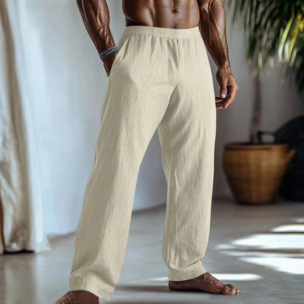 Cotton and linen straight leg casual trousers in light green colour with visible pockets