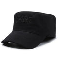 Men's flat-top peaked cotton cap in army green with adjustable strap and English letter detail