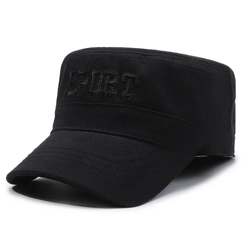 Men's flat-top peaked cotton cap in army green with adjustable strap and English letter detail