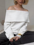 Women's off-the-shoulder sweater with 3D pattern in grey, white or wine red acrylic fabric