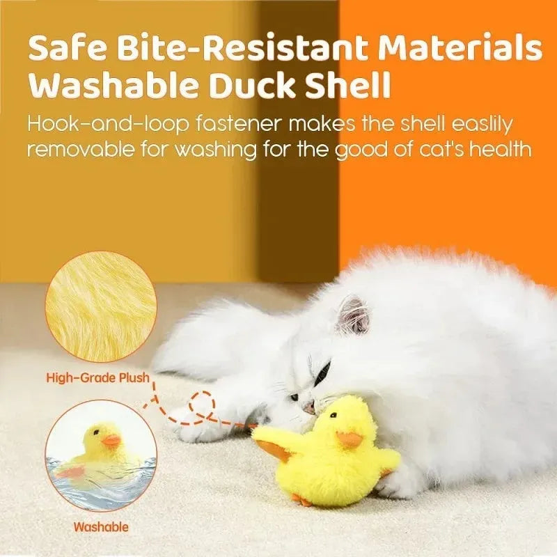 Yellow flapping duck electric cat toy with removable plush cover and USB charging cable