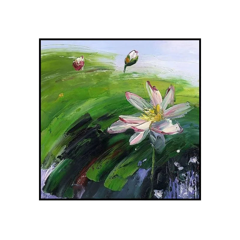 Hand-painted abstract rural landscape oil painting with lotus flowers on square canvas, modern style