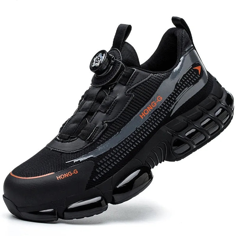 Men's low-top black work safety shoes with lace-up front and breathable Flyknit upper.