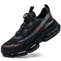 Men's low-top black work safety shoes with lace-up front and breathable Flyknit upper.