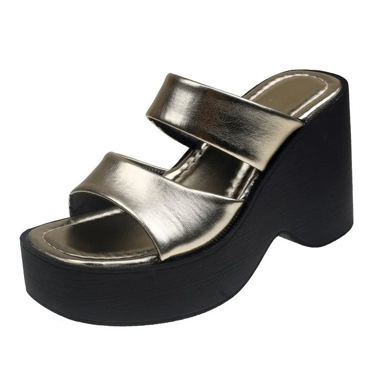 Women's black wedge platform slippers with square toe and high heel design